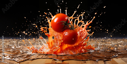 tomato in water splash, jumping spilled tomato on the ground. Generative Ai content