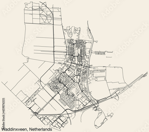 Detailed hand-drawn navigational urban street roads map of the Dutch city of WADDINXVEEN, NETHERLANDS with solid road lines and name tag on vintage background
