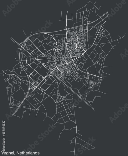 Detailed hand-drawn navigational urban street roads map of the Dutch city of VEGHEL, NETHERLANDS with solid road lines and name tag on vintage background