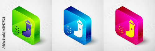 Isometric Inhaler icon isolated on grey background. Breather for cough relief, inhalation, allergic patient. Square button. Vector