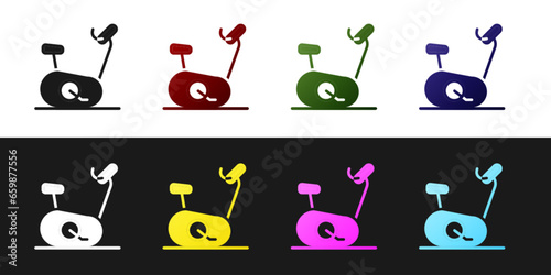 Set Stationary bicycle icon isolated on black and white background. Exercise bike. Vector