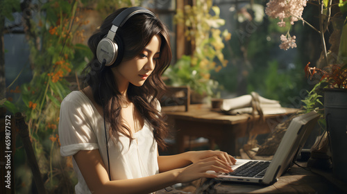 Asian women play notebooks and listen to music in the garden. While sitting and working on a laptop.