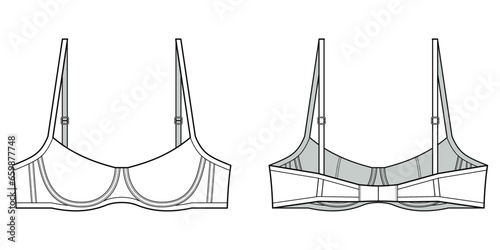 Brassiere technical fashion illustration. A Brassiere fashion flat technical drawing template, front view, back view, form-fitting, undergarment, white color, women, CAD mockup set.