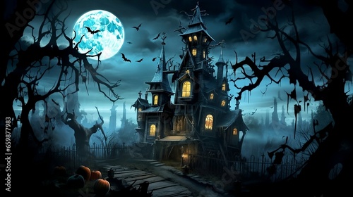 Haunted Halloween Lore with Mansion, Witches, and Ghouls in a Midnight Mystery Illustration © Philipp