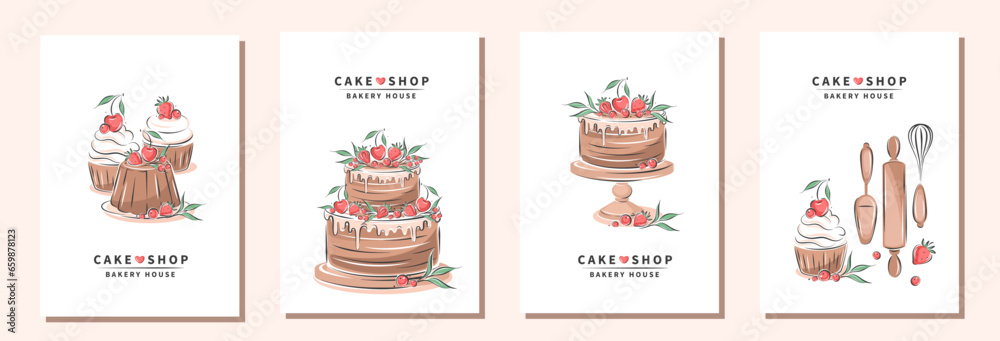 Set of design sample flyers for pastry and bread shop, cooking, dessert, sweet products. Cake shop, bakery house. Vector illustration for poster A4, banner, menu, advertising.