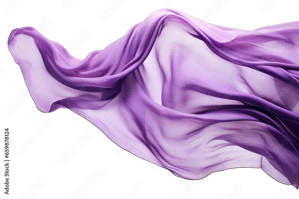 Silk scarf flying in the wind. Waving purple satin cloth isolated on transparent background - obrazy, fototapety, plakaty 