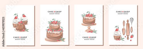Set of design sample flyers for pastry and bread shop, cooking, dessert, sweet products. Cake shop, bakery house. Vector illustration for poster A4, banner, menu, advertising.