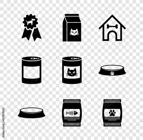 Set Dog award symbol, Bag of food for cat, house and bone, Pet bowl, and pet icon. Vector