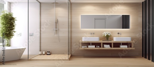 eco minimalist bathroom with double sinks shower and wooden parquet floor No individuals