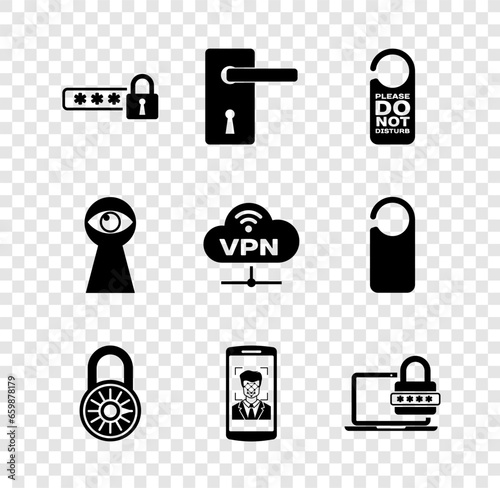 Set Password protection, Door handle, Please do not disturb, Safe combination lock wheel, Mobile face recognition and Laptop with password icon. Vector