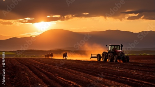 In the golden hues of the setting sun, agricultural workers use tractors to plow a field.
