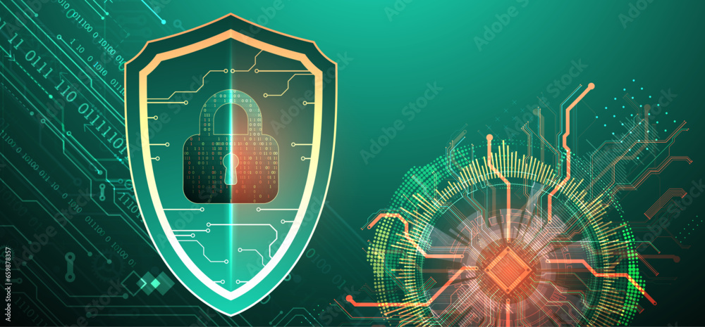 Fototapeta premium Technological abstract background on the topic of information protection and computer security. .Shield with the image of a padlock in the middle.