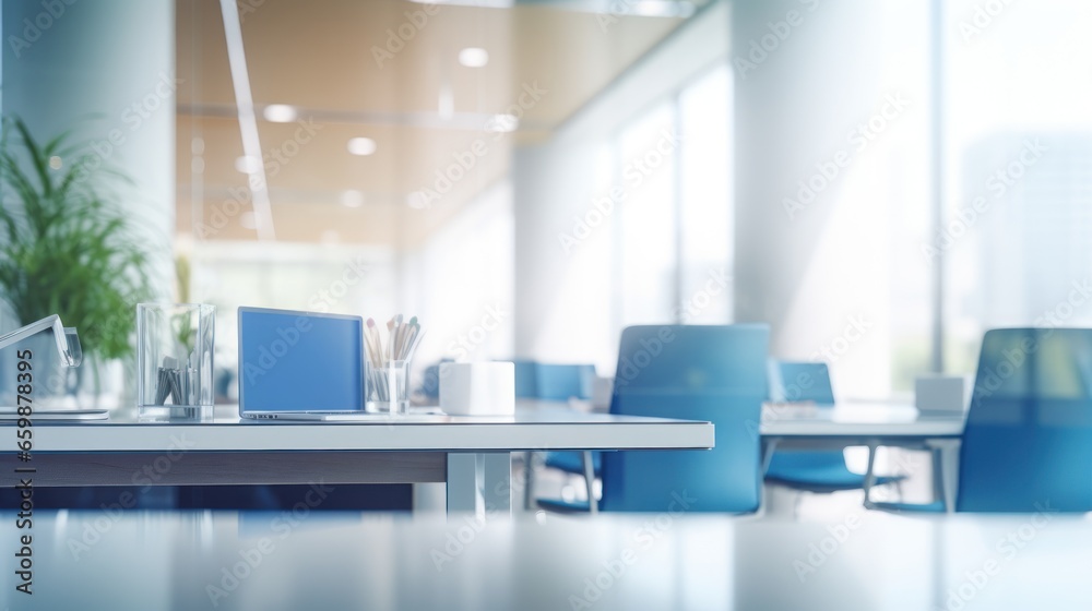 A blurred background of an office interior space.
