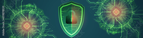Technological abstract background on the topic of information protection and computer security. .Shield with the image of a padlock in the middle.