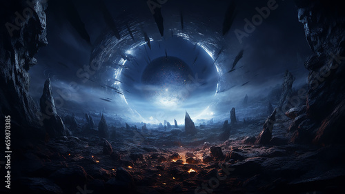 futuristic round arch teleport to another planet in space  fantasy future  star travel