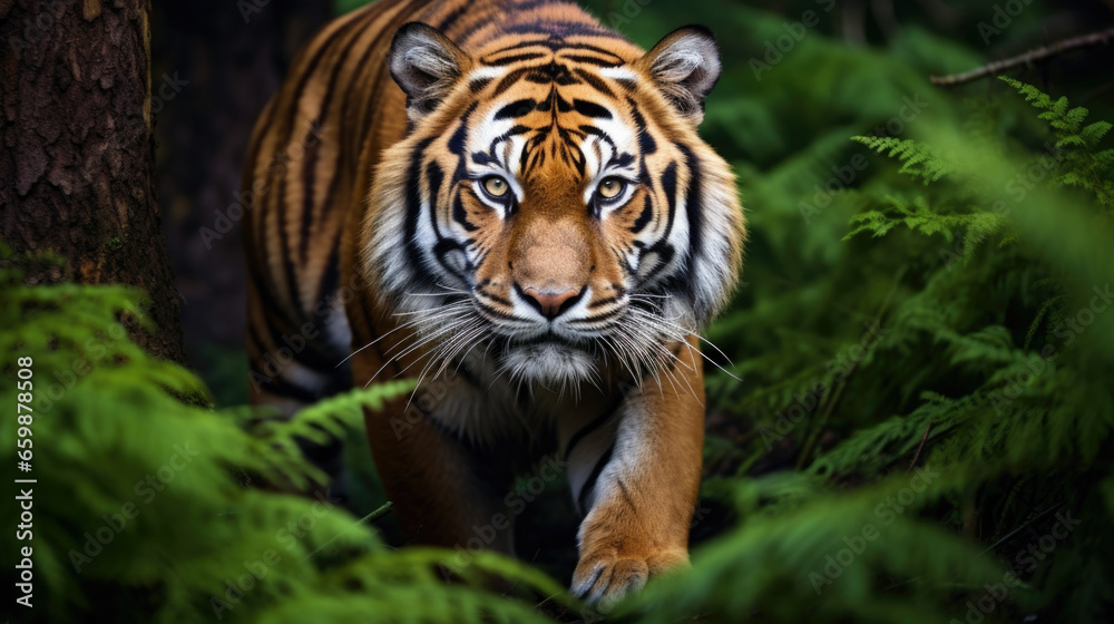 Fototapeta premium Amur tiger walking in the water. Dangerous animal, taiga, Russia. Animal in green forest stream.