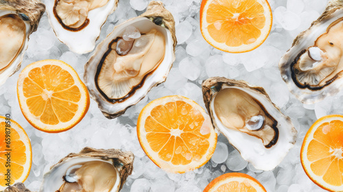 Fresh opened oyster offered as top view on crushed ice