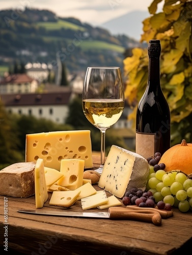 Cheese board and white wine against the backdrop of village. AI