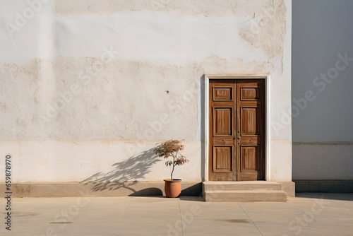 Fototapeta Naklejka Na Ścianę i Meble -  minimalistic old wall and door during the day sunlight and rays