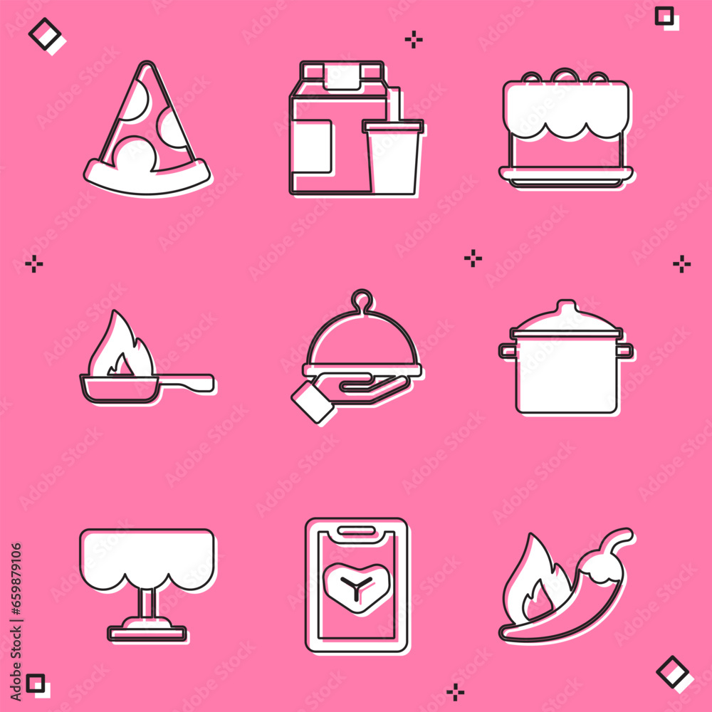 Set Slice of pizza, Online ordering and delivery, Cake, Frying pan, Covered with tray food, Cooking pot, Wooden table and Restaurant cafe menu icon. Vector Set Slice of pizza, Online ordering and delivery, Cake, Frying pan, Covered with tray food, Cooking pot, Wooden table and Restaurant cafe menu icon. Vector