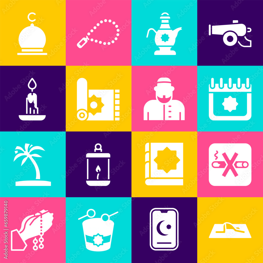 Set Muslim man prays, No Smoking, Ramadan calendar, Islamic teapot, Traditional carpet, Burning candle, Mosque and icon. Vector Set Muslim man prays, No Smoking, Ramadan calendar, Islamic teapot, Traditional carpet, Burning candle, Mosque and icon. Vector