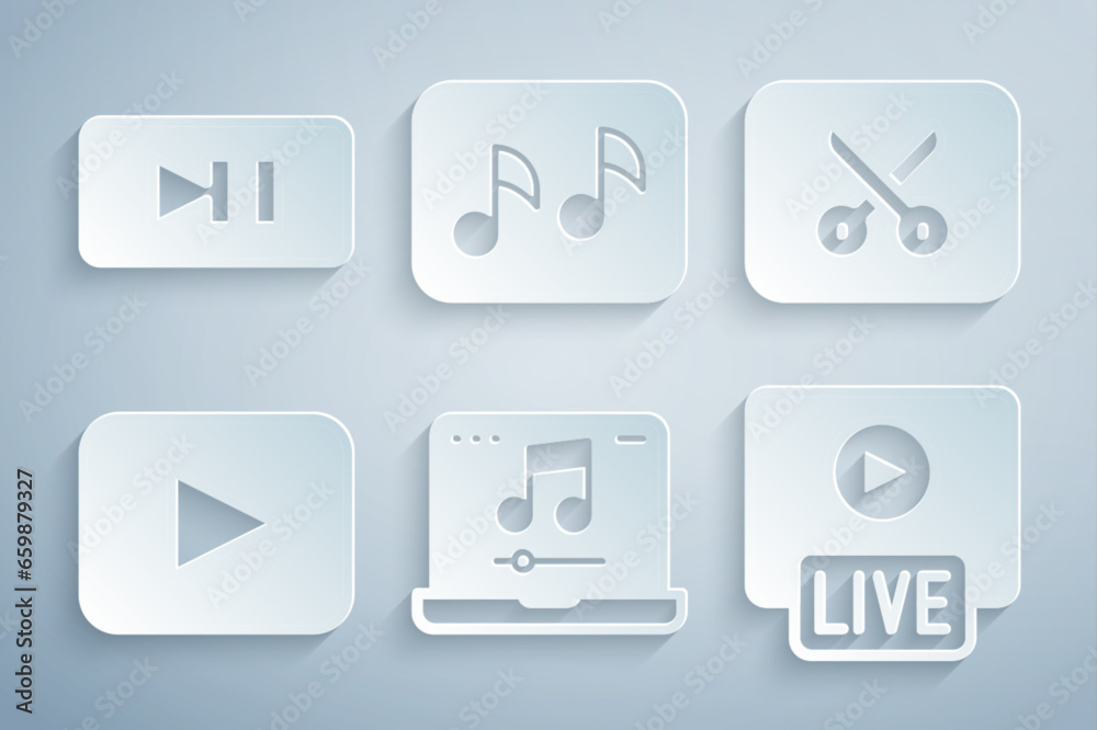 Set Laptop with music, Music or video editing, Play button, Live stream, note, tone and Pause icon. Vector Set Laptop with music, Music or video editing, Play button, Live stream, note, tone and Pause icon. Vector