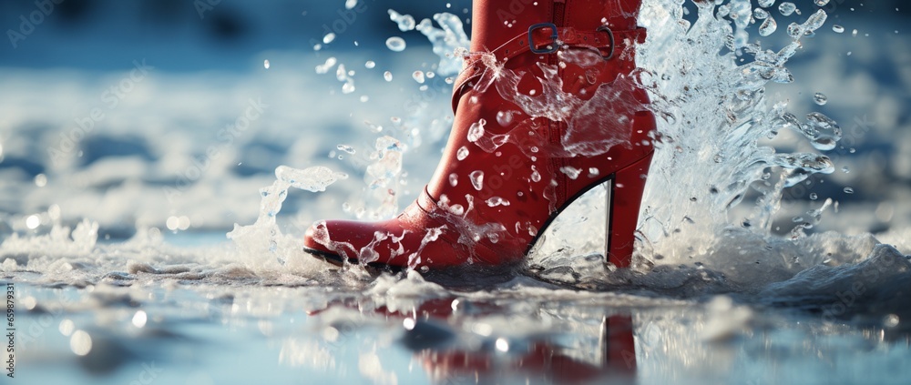 A red boot with high heel making splash on frozen snow. Winter style concept. Generative AI - obrazy, fototapety, plakaty 