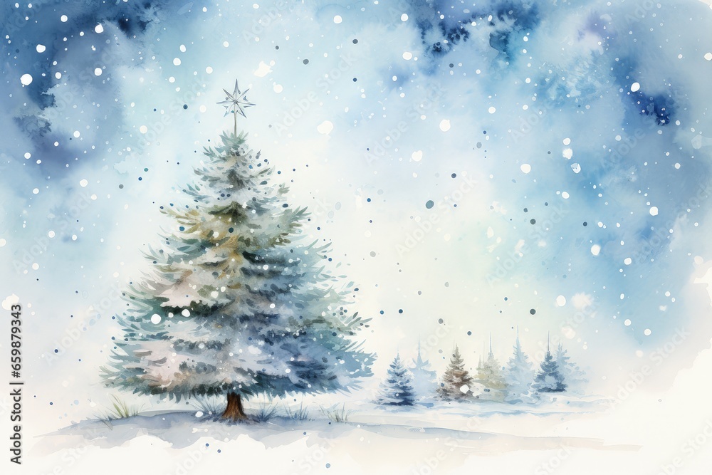 Watercolored Christmas Gift Card, Snow Landscape with a Christmas Tree, Blue Colored