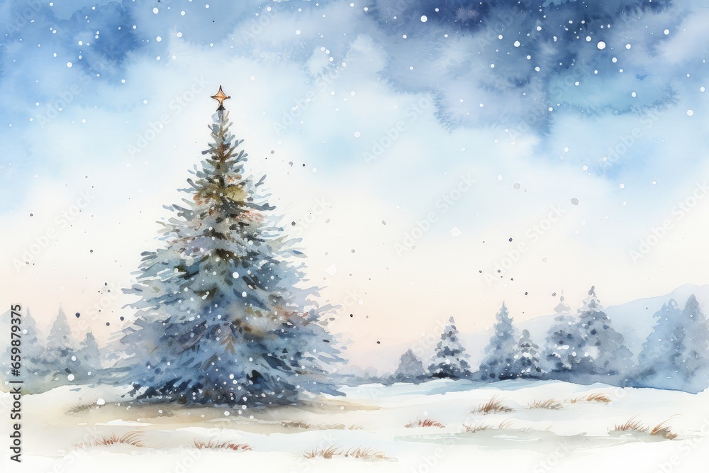 Watercolored Christmas Gift Card, Snow Landscape with a Christmas Tree, Blue Colored