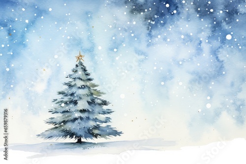 Watercolored Christmas Gift Card, Snow Landscape with a Christmas Tree, Blue Colored © Unitify