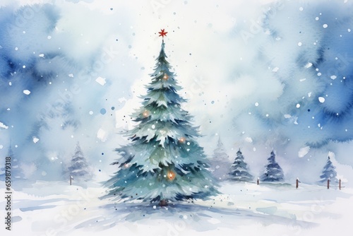 Watercolored Christmas Gift Card, Snow Landscape with a Christmas Tree, Blue Colored © DigitalMuse