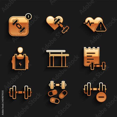 Set Uneven bars, Sports doping with dumbbell, Dumbbell, training program, Bodybuilder, Heart rate and Fitness app icon. Vector