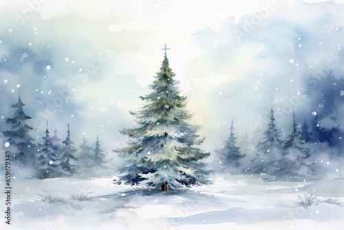 Watercolored Christmas Gift Card, Snow Landscape with a Christmas Tree, Blue Colored © Unitify