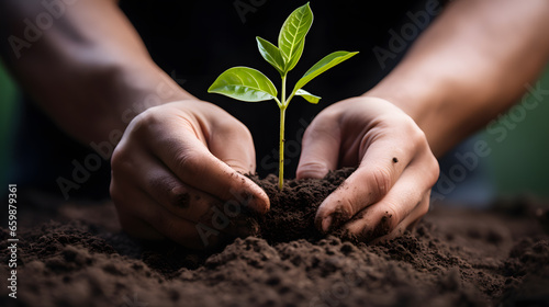 Capture a close-up of a person's hands gently placing a young seedling into rich soil. Showcase the care and precision involved in the act of planting. Ideal for gardening and environmental themes.