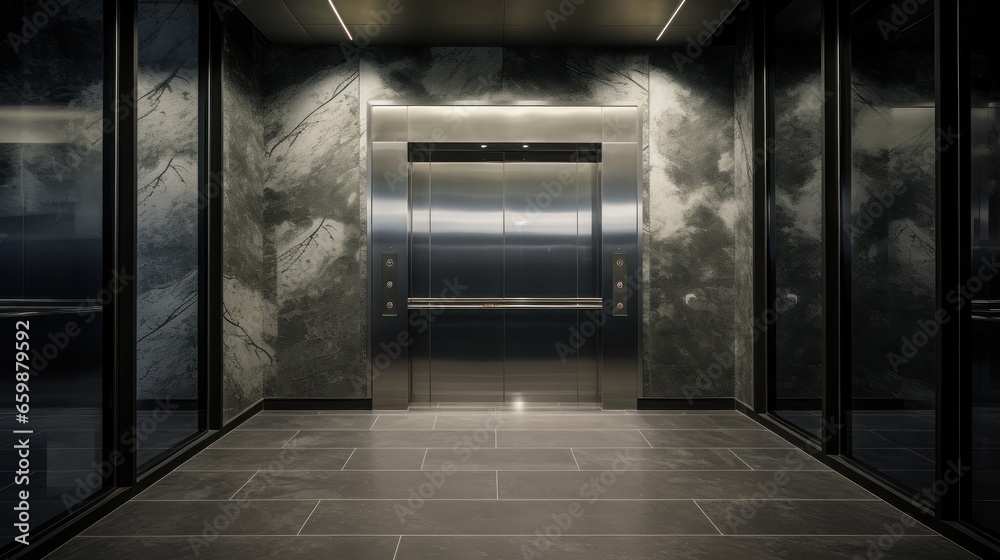 A contemporary elevator facade adorned with reflective surfaces.