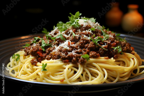 Fresh pasta with hearty bolognese and parmesan cheese. High-resolution