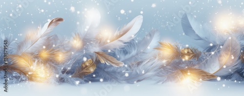 Blue Christmas Card with Feather and lights Snowflake Background