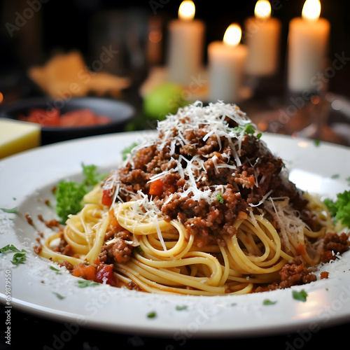 Fresh pasta with hearty bolognese and parmesan cheese on the background with candles. High-resolution