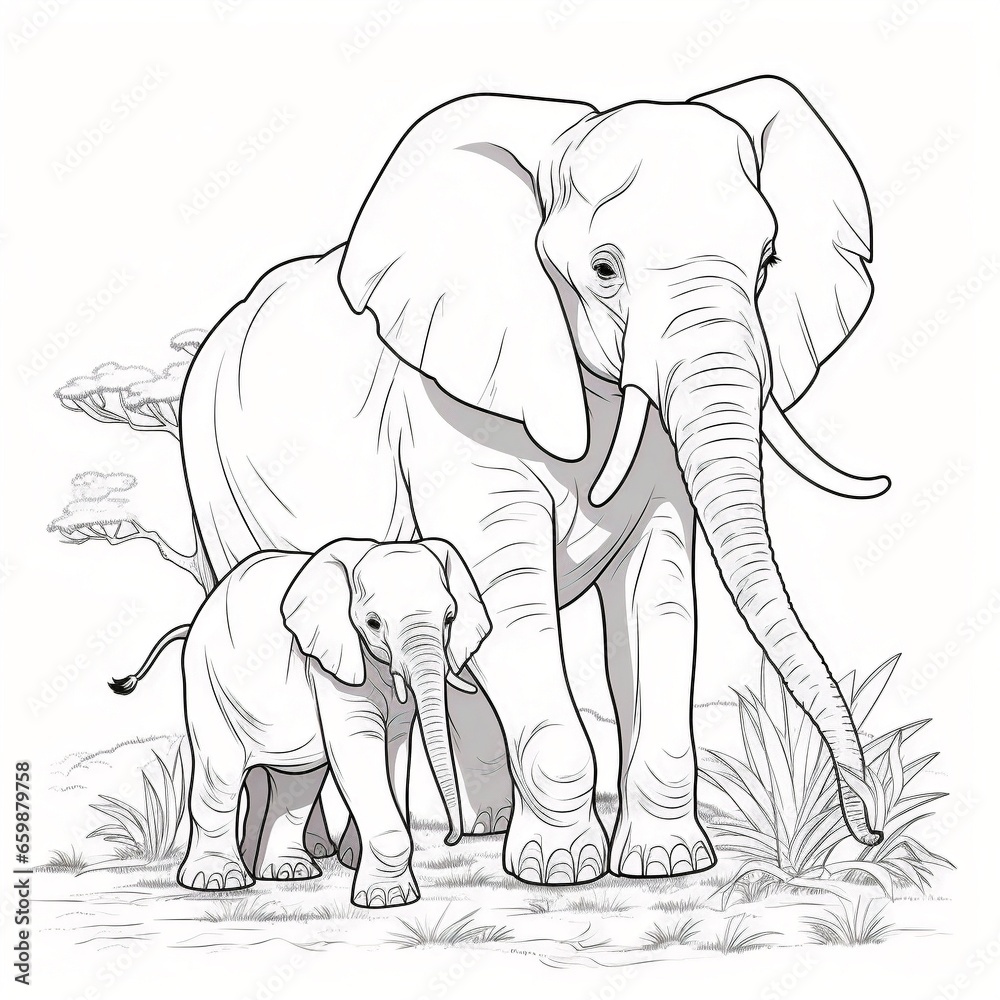 black and white elephant with a baby