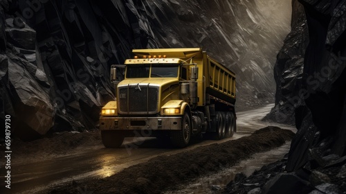 A yellow dump truck is seen driving through a dimly lit canyon.