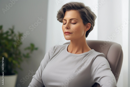 A beautiful middle-aged woman is resting in a chair, relaxing, a lady meditates to relieve tension, does yoga to restore vital energy, performs breathing exercises. At a psychologist's appointment