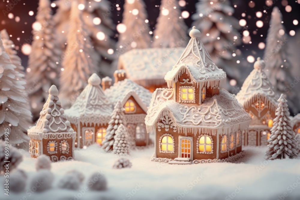 White Christmas Trees Snow in a Gingerbread Village