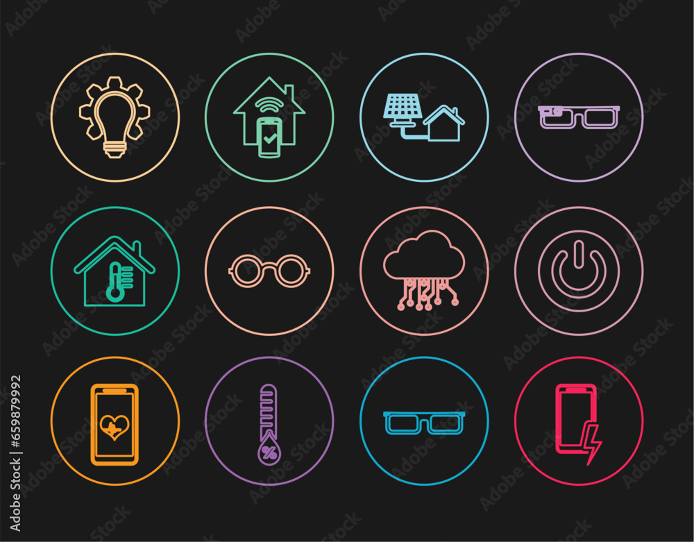 Set line Mobile charging battery, Power button, House with solar panel, Glasses, temperature, Light bulb and gear, Internet of things and Smart home remote control system icon. Vector Set line Mobile charging battery, Power button, House with solar panel, Glasses, temperature, Light bulb and gear, Internet of things and Smart home remote control system icon. Vector