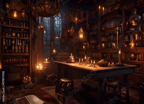 Alchemist lab. A strange room of curiosities filled with lots of bottles and glass jars. CG Artwork Background. AI generated digital illustration