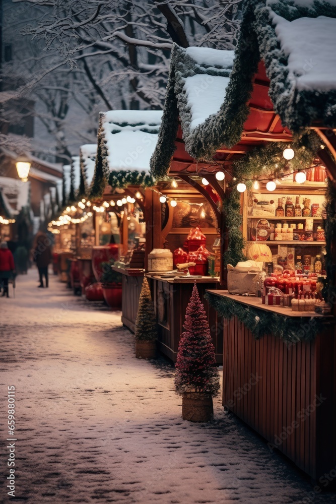 Beautiful Christmas Market with Snow and lights