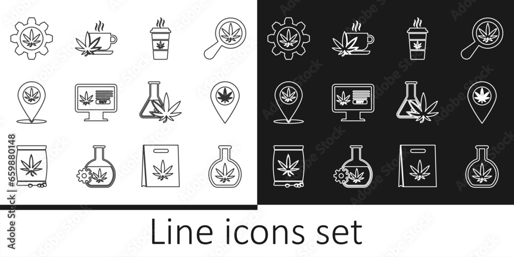 Set line Test tube with marijuana, Location and, Cup coffee, Online buying, and tea icon. Vector