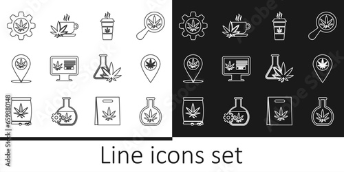 Set line Test tube with marijuana, Location and, Cup coffee, Online buying, and tea icon. Vector