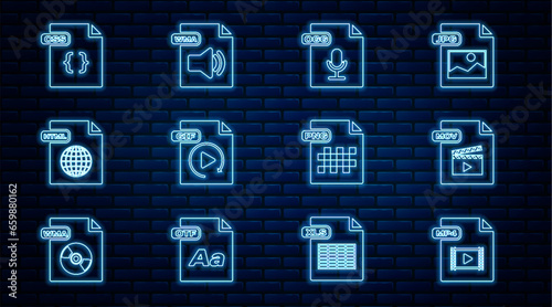 Set line MP4 file document, MOV, OGG, GIF, HTML, CSS, PNG and WMA icon. Vector