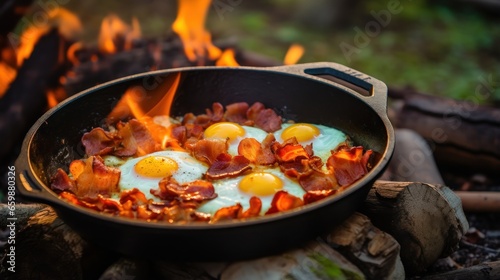 A camping breakfast featuring bacon and eggs cooked in a cast iron skillet.