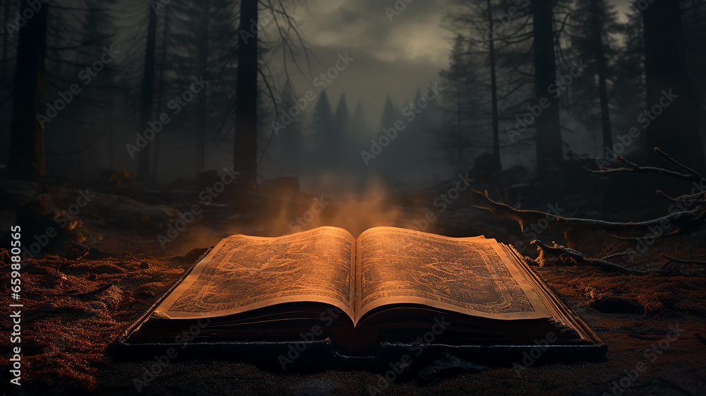 an open book of mystical fairy tales background in a foggy night forest the mystery of an old book - obrazy, fototapety, plakaty 